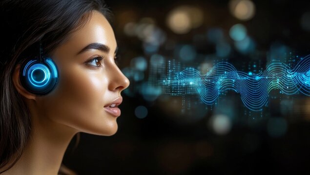 A side view of a woman with an open mouth and a blue face, featuring soundwave graphics, demonstrating voice recognition technology. AI processes speech for natural language interaction, dictation,