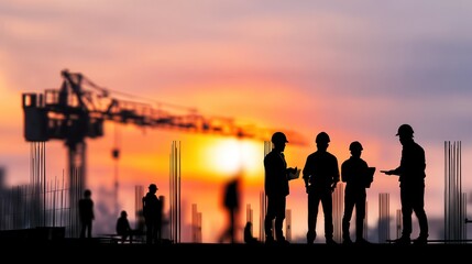 Fototapeta premium Silhouetted construction workers at sunset, discussing plans on a construction site with cranes in the background.