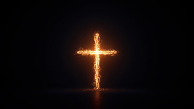 A cross made of flames surrounded by darkness, symbolic of faith and light in adversity.
