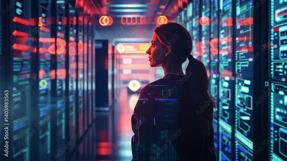 Aufkleber a woman stands in contemplation within a bustling data center, surrounded by illuminated server rack