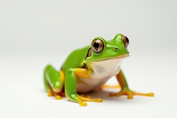 Naklejka premium Single bright green frog on pure white backdrop, reptile, green