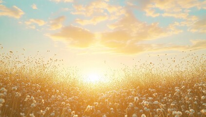 On a sunny summer day, a close-up of a mature cotton field reveals its fluffy white fibers. The plantation's blooming cotton buds and smooth textile balls signify it's harvest time on the farm