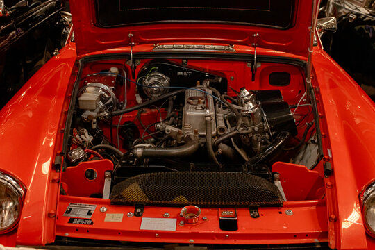 Limassol, Cyprus- December 19, 2024: MGB GT British Layland open front car hood (bonnet) displayed at the Cyprus Motor Museum