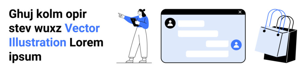Fototapeta premium Woman gesturing towards a chat window beside shopping bags, emphasizing online customer support, e-commerce, shopping, digital communication, helpdesk interaction, user experience, flat landing page
