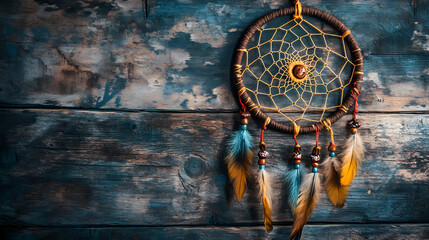 Dreamcatcher with feathers hanging on rustic wooden surface. Enchanted Threadwork. Illustration