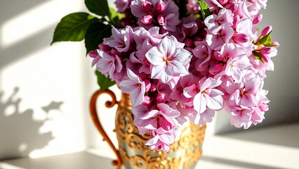 Bright pink flowers in ornate gold vase with sunshine, spring decor.