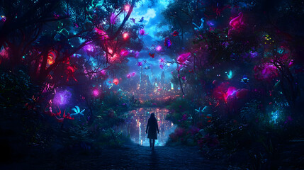 Silhouette Of A Person Walking On Forest Path Illuminated With Colorful Lights During Night