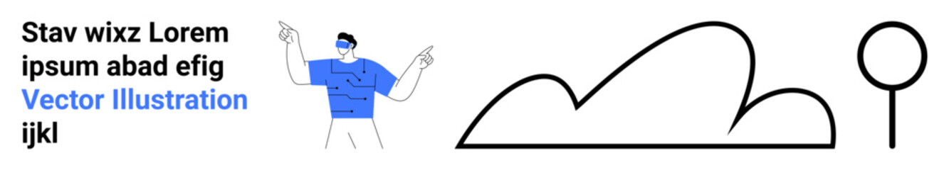 Person pointing confidently with dynamic gestures near abstract cloud and tree shapes. Ideal for leadership, creativity, education, communication, presentations, teamwork, simple landing page