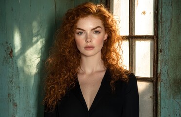 Fototapeta premium Near a wall, a young woman with curly red hair in a dark dress casts a shadow that looks like an impostor, symbolizing psychological themes of insecurity, doubt, and a lack of confidence