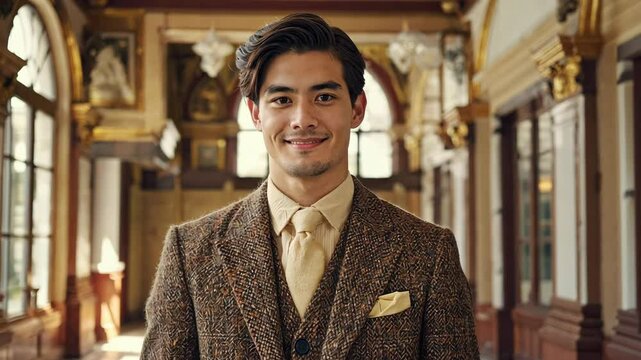 Smiling young man wearing tweed suit in ornate building hallway with classical architecture, art and lighting fixture