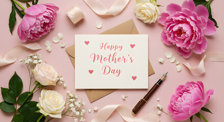 Mother's Day Card Flatlay with Flowers and Ribbon