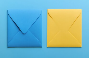 An overhead view of a blue envelope with a blank sheet of paper on a pastel blue background. This mockup template has space for text and can be used for postal correspondence or marketing