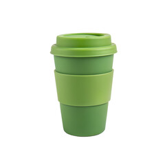 A green reusable coffee cup with a silicone sleeve., isolated on a transparent background