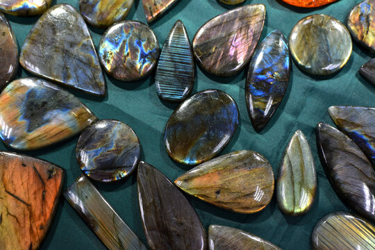Collection of labradorite cabochons, macro photography at a natural stone exhibition. Polished gemstone close-up, selective focus.