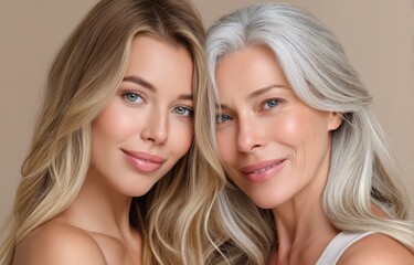 two women, one young and the other middle-aged with gray hair, both posing together for an anti-aging skin care product advertisement