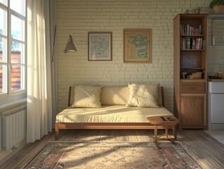 Cozy interior with a daybed, bookshelf, and natural light, showcasing comfortable living in a bright and inviting space. Tranquil scene.