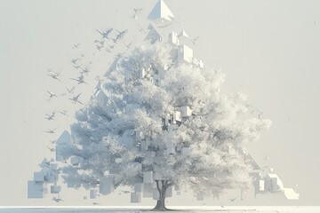 Fototapeta premium Tree morphs into geometric shapes, with birds flowing in a white palette