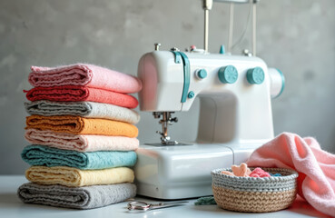 Sewing machine, fabric stack, tailor workplace. Dressmaking process colorful wool texture clothes, needle, thread, scissor, overlock machine. Fashion workshop.