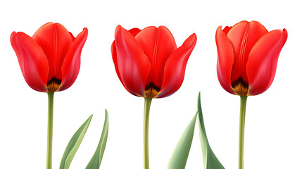 Three Red Tulips on White Background