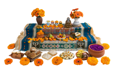 Altar for Day of the Dead with Bread and Other Offerings Isolated on Transparent Background PNG.