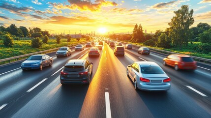 Fototapeta premium Sunset Highway Drive: Cars on Asphalt Road at Golden Hour