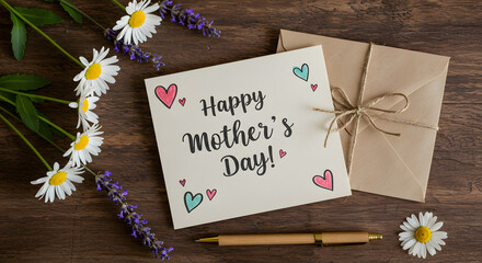 Naklejka premium Rustic Mother’s Day Card with Wildflowers on Wooden Table