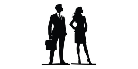 Vector silhouettes of a man and a woman, a couple of business people standing in profile, looking up, black color on a white background