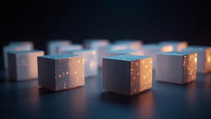 Abstract Glowing Cubes Digital Art Modern Background Design Elegant White Cubes Illuminated Golden Particles 3D Render Futuristic 
