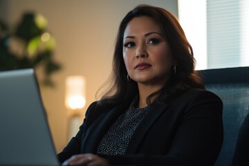 Confident businesswoman sitting at her desk, engaged in work on her laptop in a sleek, modern office environment