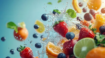 Refreshing colorful fruit splashing in water summer vitamins healthy delicious juicy energy freshness
