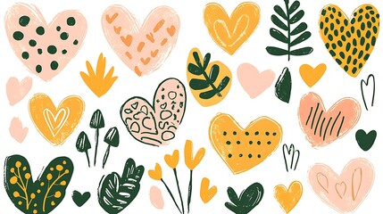 Colorful Hand-Drawn Hearts and Leaves Pattern for Vibrant Designs