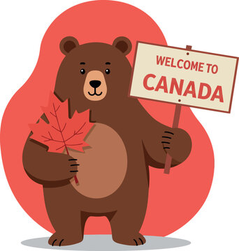 A friendly bear holding a maple leaf and welcome sign in a flat vector illustration