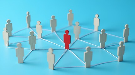Obraz premium The red figure of a person spreads his influence to people through a communication network. Cooperation and collaboration, communication with society. Following a new idea. 3D Leader and leadership.
