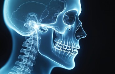 X-ray image of human skull and cervical spine. Medical illustration shows clear view of bones, teeth, jaw and spine. Realistic medical scan of head and neck.