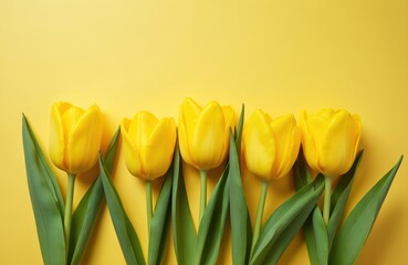 Top view of five yellow tulips against yellow backdrop. Green leaves, stems. Floral, botanical design. Fresh, vibrant spring flowers, celebration holiday mood. Perfect for greeting cards, posters.