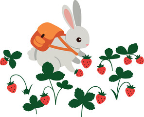 A playful rabbit exploring a strawberry patch in flat vector art
