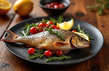 Grilled dorada fish served on black plate with fresh tomatoes, rosemary sprigs lemon. Delicious meal, healthy eating concept. Seafood dish. Grilled fish at restaurant.
