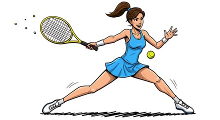 Dynamic cartoon of female tennis player demonstrating athletic prowess and energy