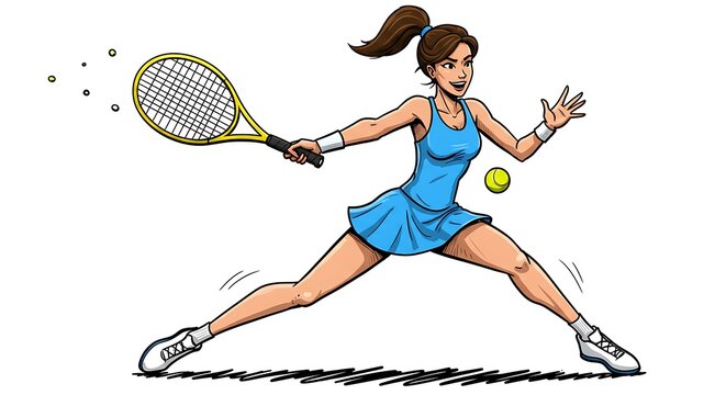 Dynamic cartoon of female tennis player demonstrating athletic prowess and energy