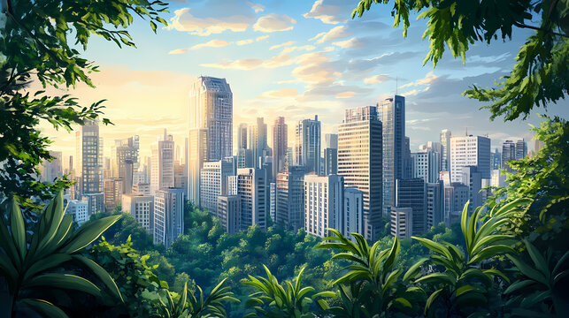 A serene cityscape with lush greenery in the foreground. Lush Dreamscape. Illustration