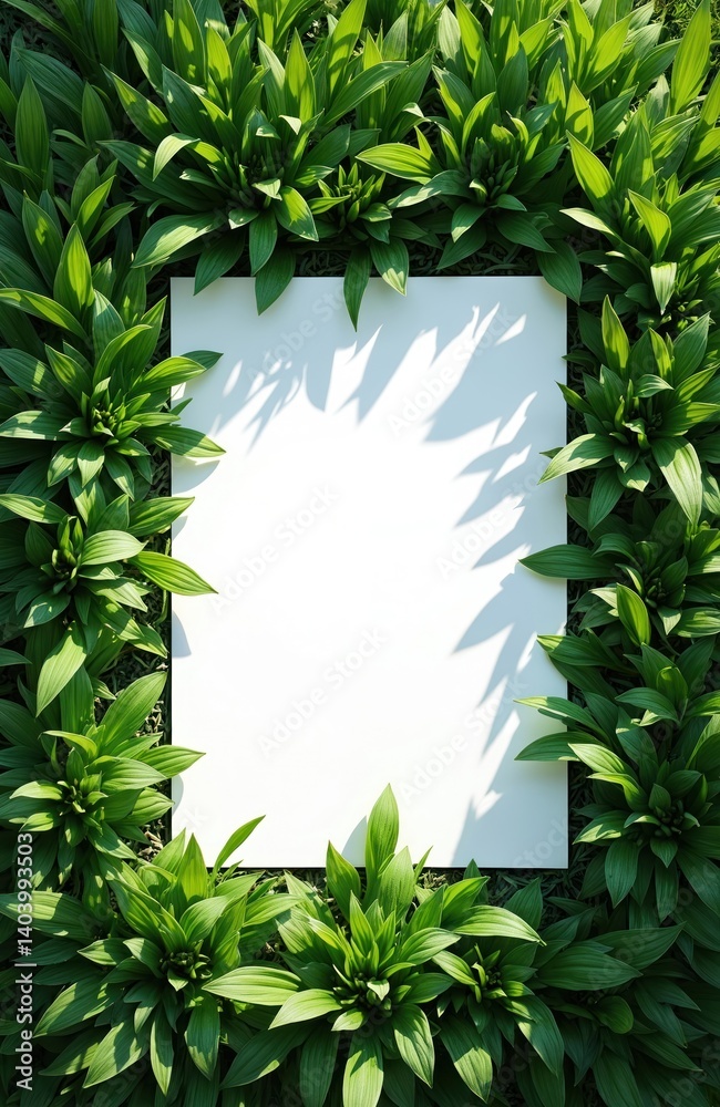 Poster top view frame made of green grass and copy space on white background. green leaves frame paper card
