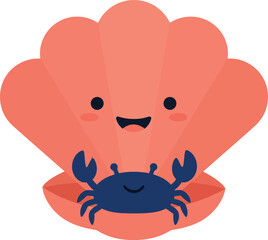 Obraz premium Happy crab peeking out from a smiling pink shell in a flat vector illustration