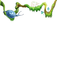 Forest plants banner. Botanical greenery with snails, with green and blue shades. Hand drawn watercolors isolated on transparent background. Biophilic style, ideal for ecological and spiritual topics