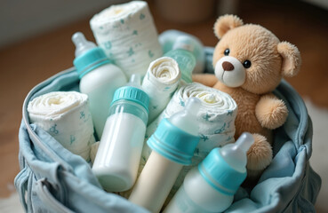 Baby bag filled with diapers, baby bottles with milk, teddy bear. Concept parenthood, motherhood. Baby care products. Baby necessities, childcare items for infants, toddlers. Parenting background,