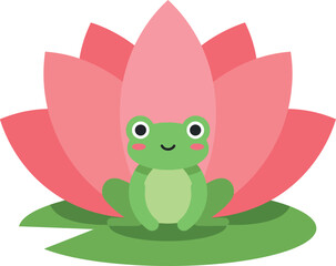 Fototapeta premium Cute green frog sitting peacefully on a pink lotus flower in flat vector art
