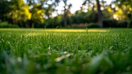 Naklejka premium A website banner showcasing a park with verdant grass and a backdrop of trees