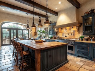 A rustic kitchen with a spacious wooden island, stone floors, and warm lighting. Features dark cabinets and vintage light fixtures.