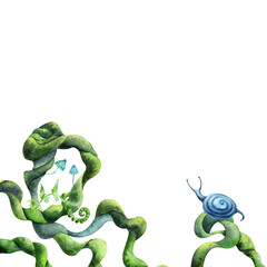 Forest plants banner. Botanical greenery with snails, with green and blue shades. Hand drawn watercolors isolated on transparent background. Biophilic style, ideal for ecological and spiritual topics