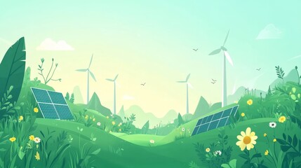 A green energy concept for World Environment Day featuring solar panels and wind turbines, with space for text