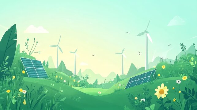 A green energy concept for World Environment Day featuring solar panels and wind turbines, with space for text